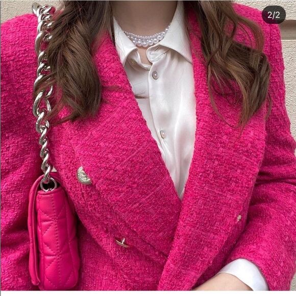 Blogger Fave Zara Textured Tweed Fuschia Pink Double Breasted Blazer Size XS - Picture 12 of 14